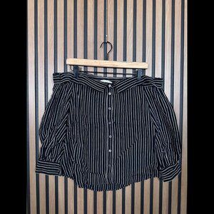 Veronica Beard Top 6 / S Womens Black Off Shoulder Striped Button Linen Blend